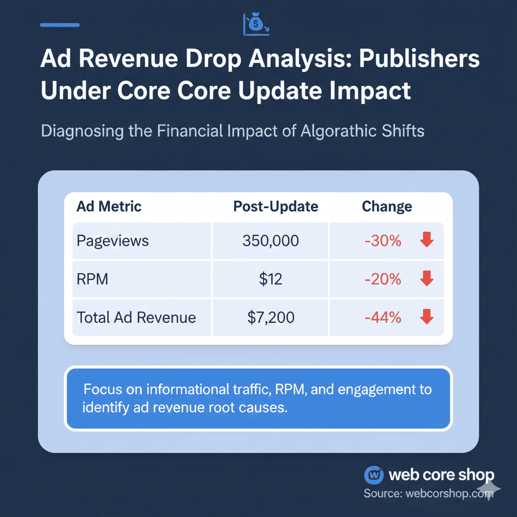 Check informational traffic loss, page RPM drop, and content engagement decline