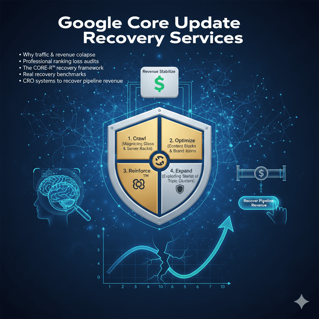Google Core Update Recovery Services is a structured diagnostic and remediation system designed to reverse ranking,